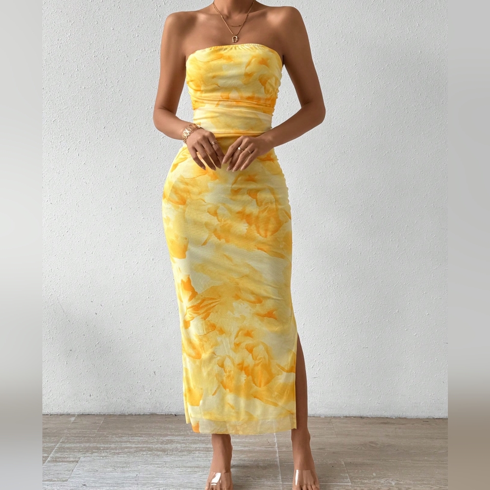COPY - Tie Dye Strapless Dress With Side Slit Hem - Picture 1 of 4